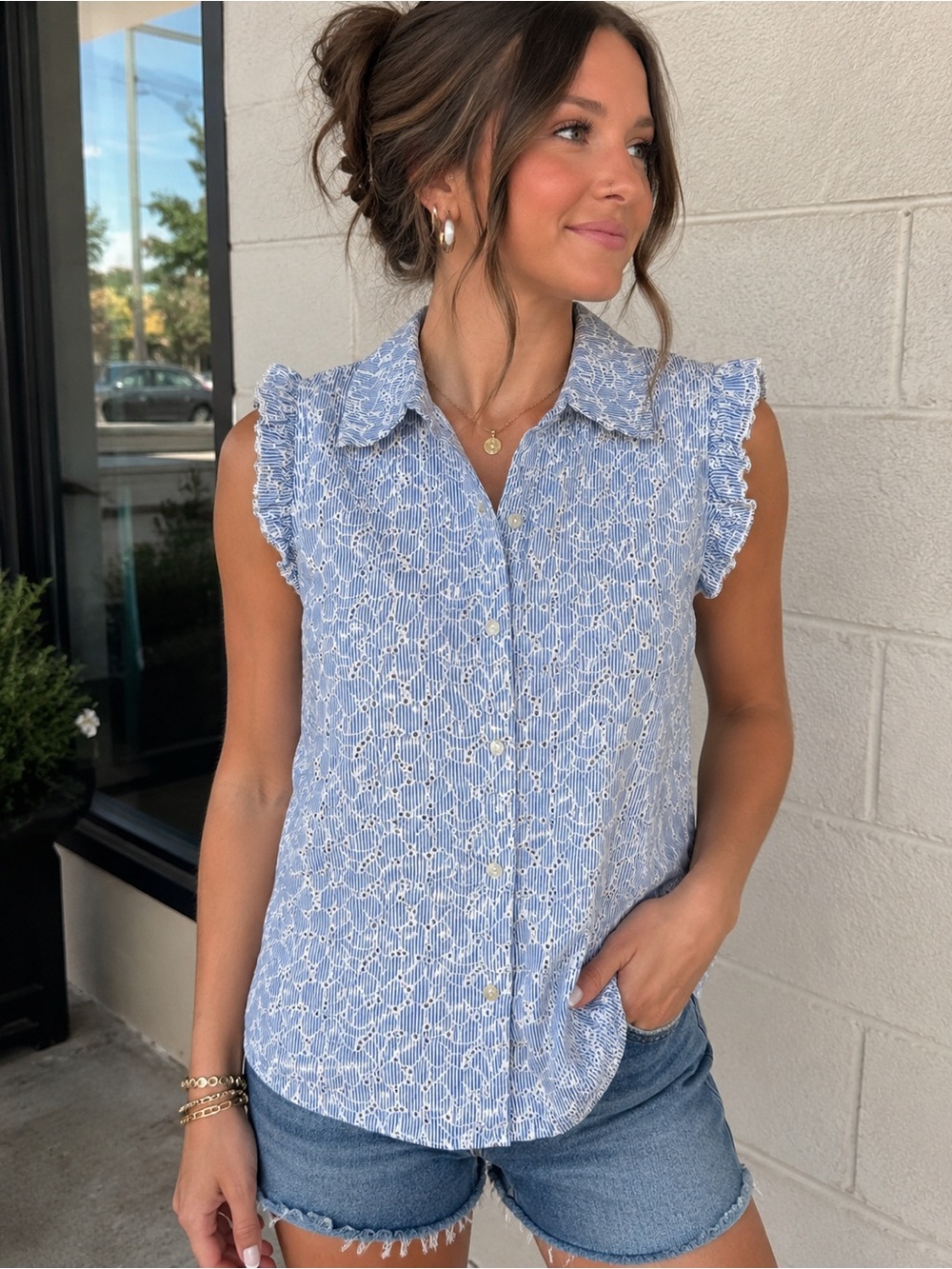 Lilly Pulitzer Lenox Striped Floral Eyelet Button Ruffle Top size 8